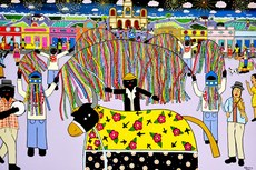 Trecho de obra do artista que trata do folguedo Boi de Reis, e traz o colorido das fantasias, a dança e a musicalidade