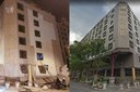 Uma televisão local exibiu imagens do edifício afetado, com uma metade escorada e a outra completamente destruída após o terremoto