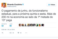 Anúncio foi publicado na conta oficial do Twitter do governador