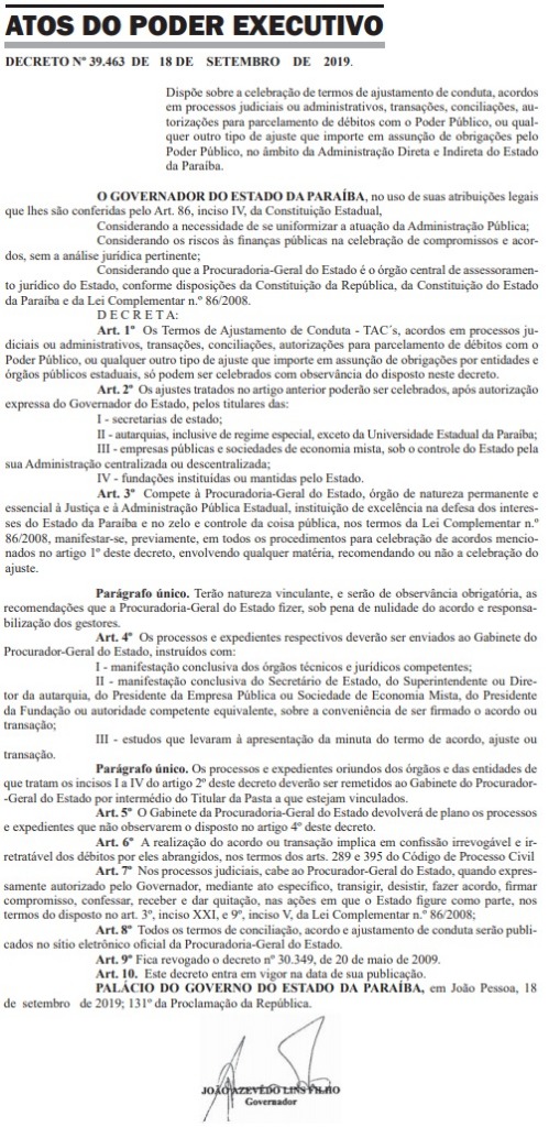 DECRETO 39.463 18 DE SETEMBRO DE 2019