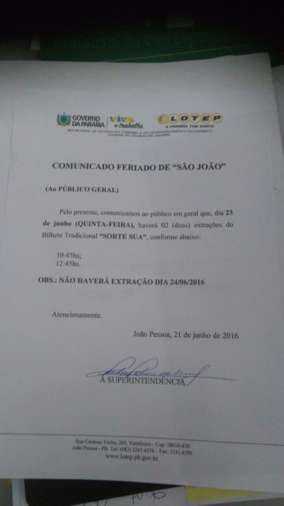 COMUNICADO SÃO JOÃO EXTRAÇÕES